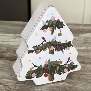 Snowy Christmas Tree Shaped Holiday Tin - Cookie Candy Storage Canister